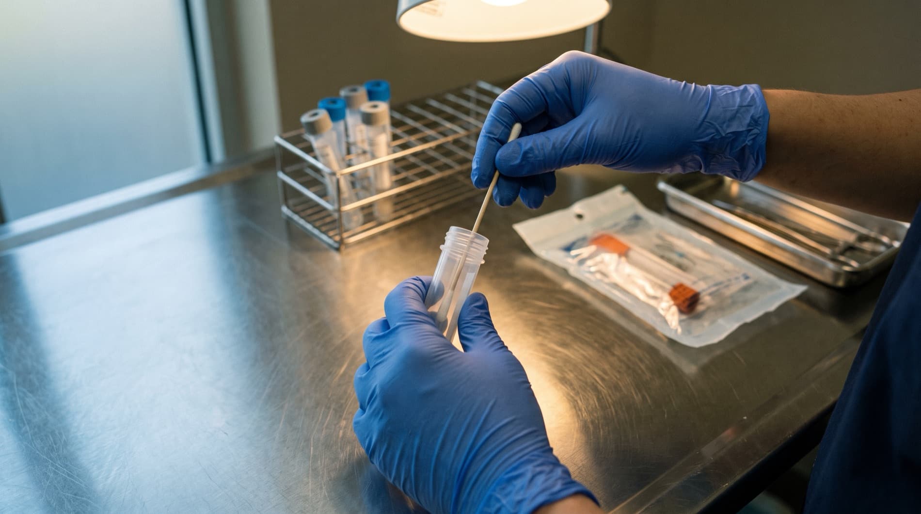 Bacterial culture plate and blood sample tube in a diagnostic laboratory