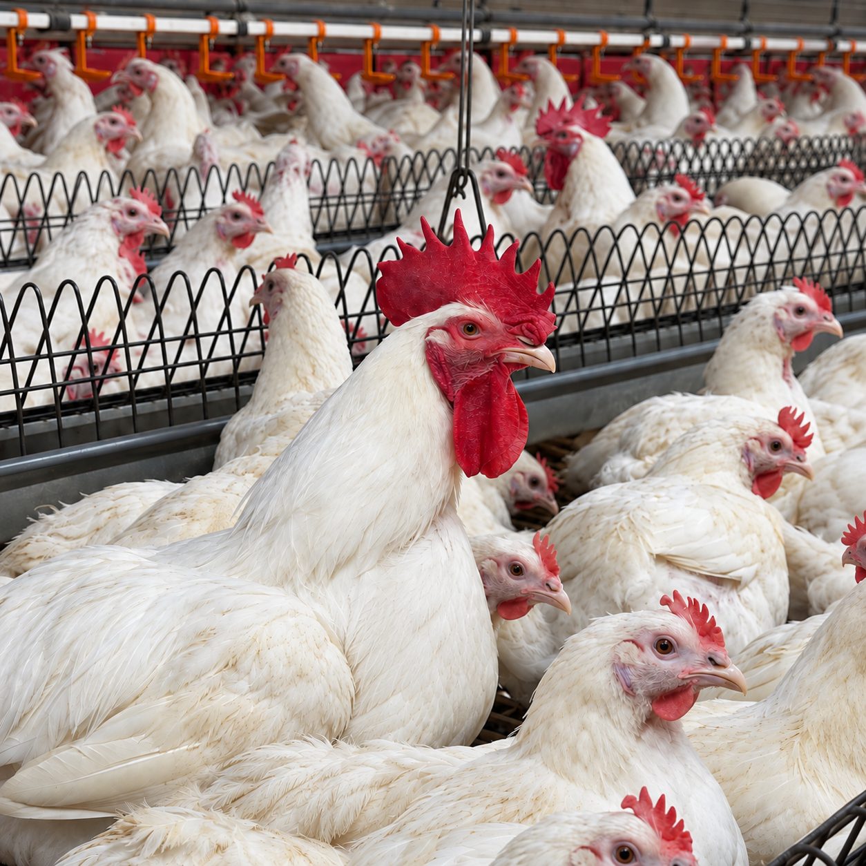 White breeder hens and a rooster crowded along the feeder lines inside a poultry shed